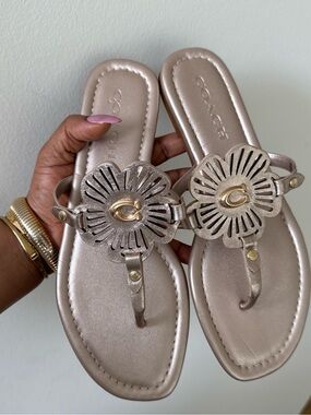 Coach Metallic Rose Gold Floral Thong Sandals